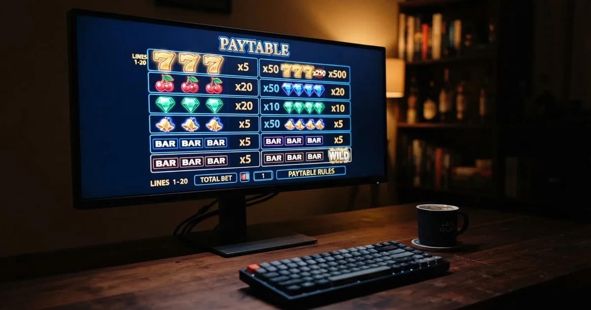 A slot machine's paytable screen glowing on a monitor in a dim room.