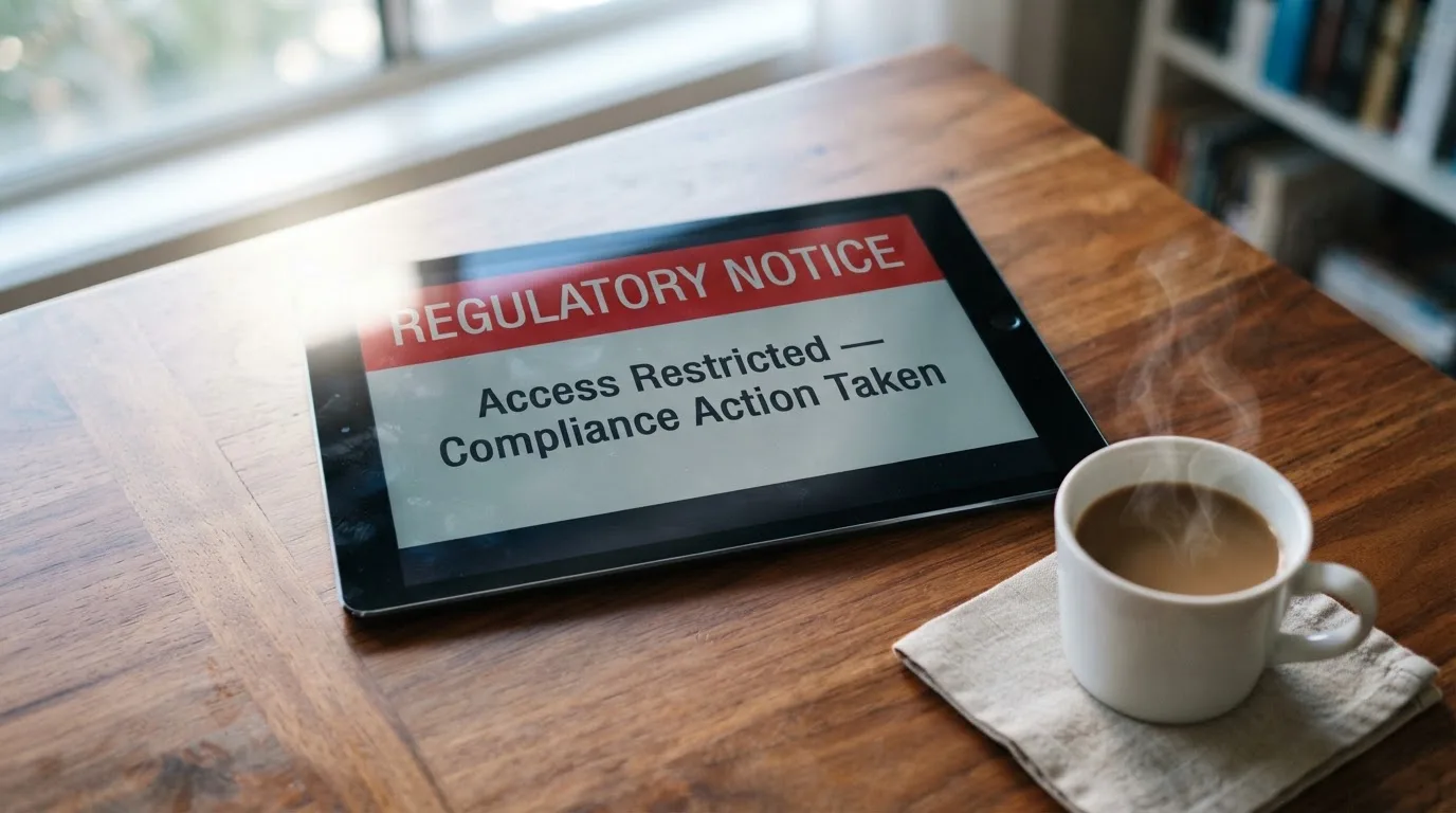 A tablet screen displaying an official regulator warning notice on a desk beside a coffee cup.