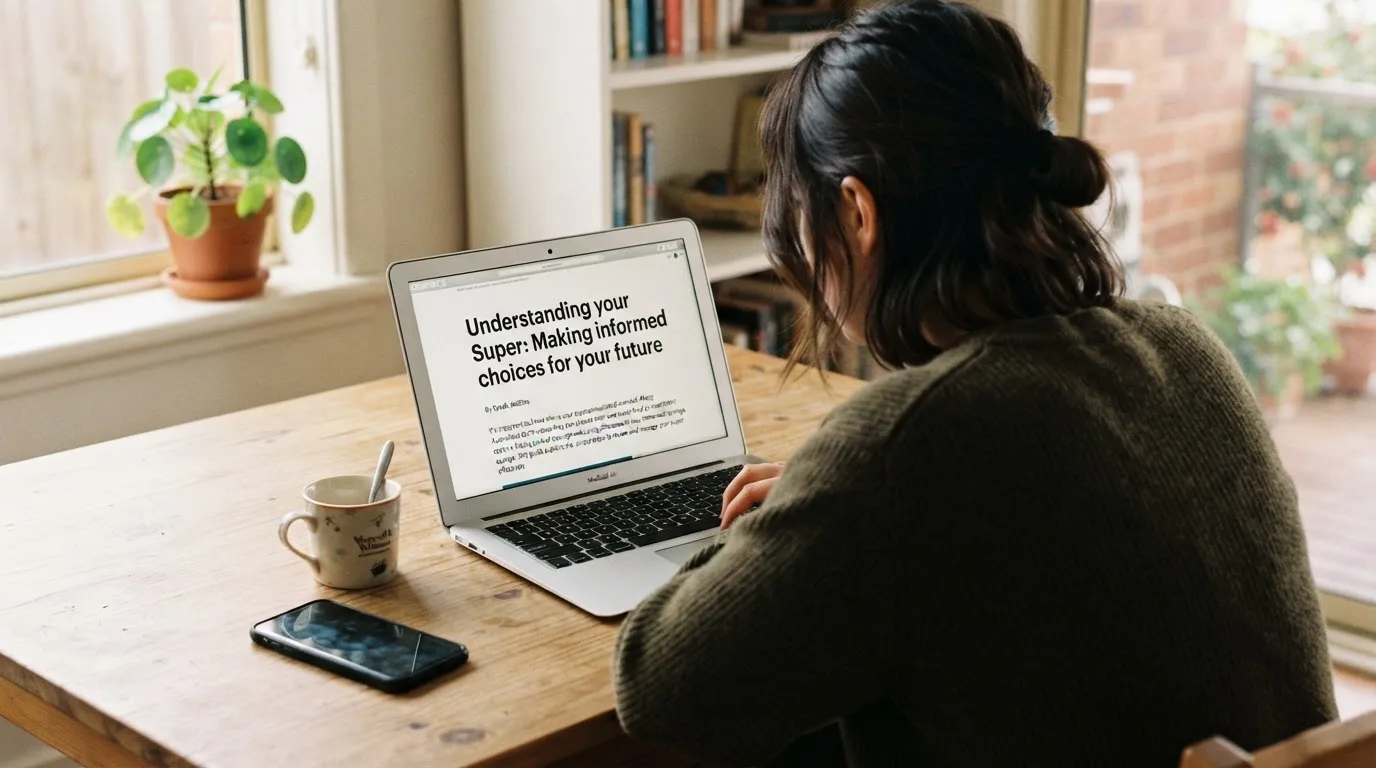 A person at a laptop reading a plain-language explainer article at a home desk.