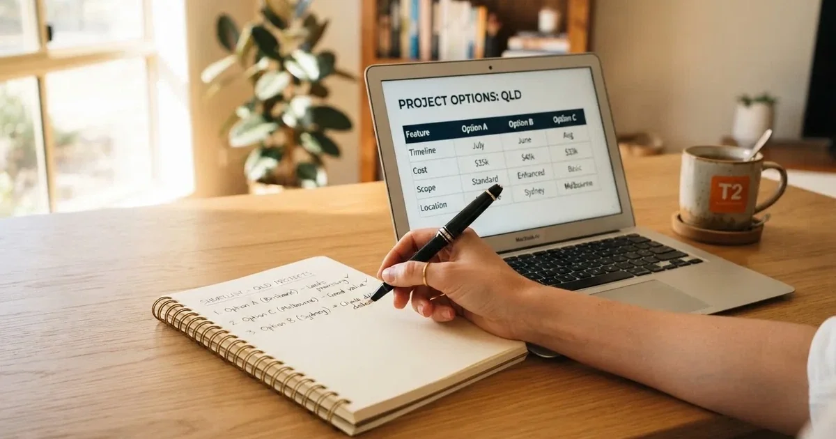 A notepad with a handwritten shortlist beside a laptop showing a comparison table.