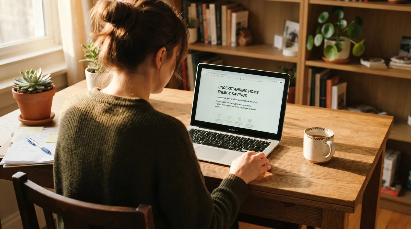 A person at a laptop reading a plain-language explainer article at a home desk.