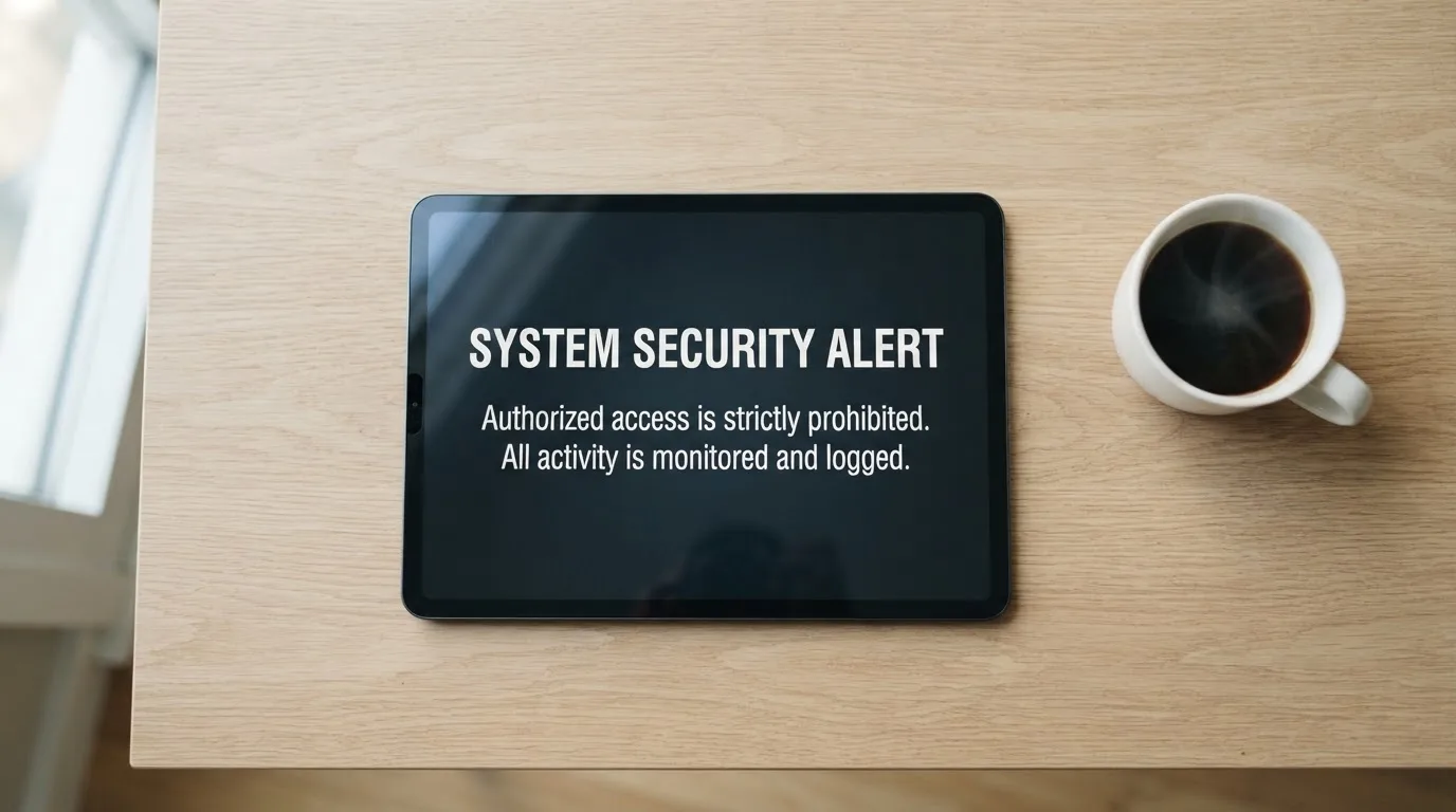 A tablet screen displaying an official regulator warning notice on a desk beside a coffee cup.