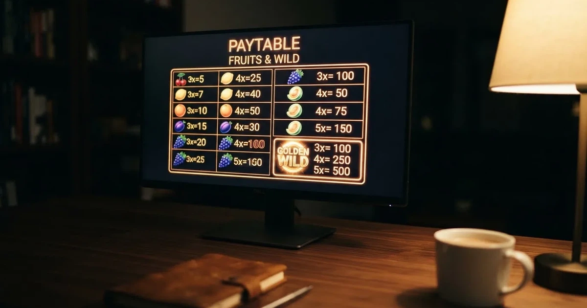A slot machine's paytable screen glowing on a monitor in a dim room.