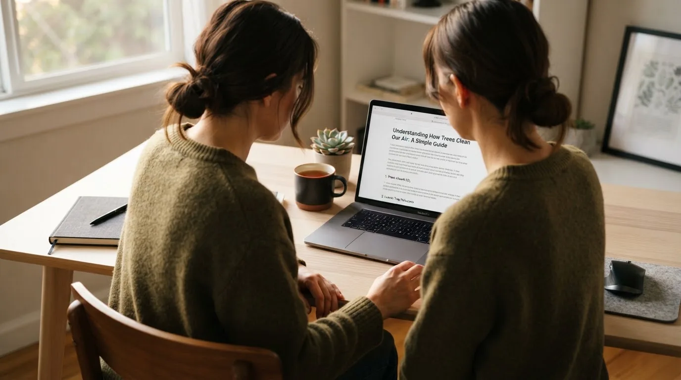 A person at a laptop reading a plain-language explainer article at a home desk.