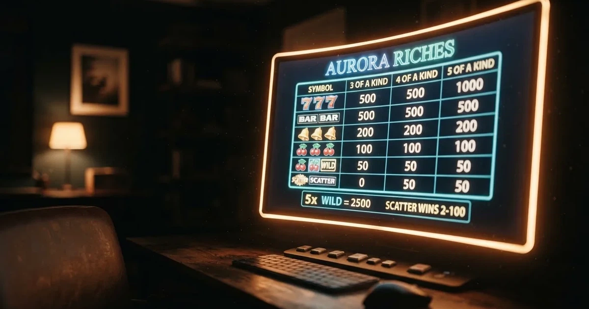 A slot machine's paytable screen glowing on a monitor in a dim room.