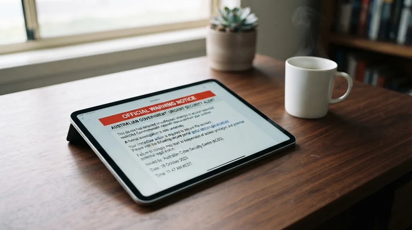 A tablet screen displaying an official regulator warning notice on a desk beside a coffee cup.