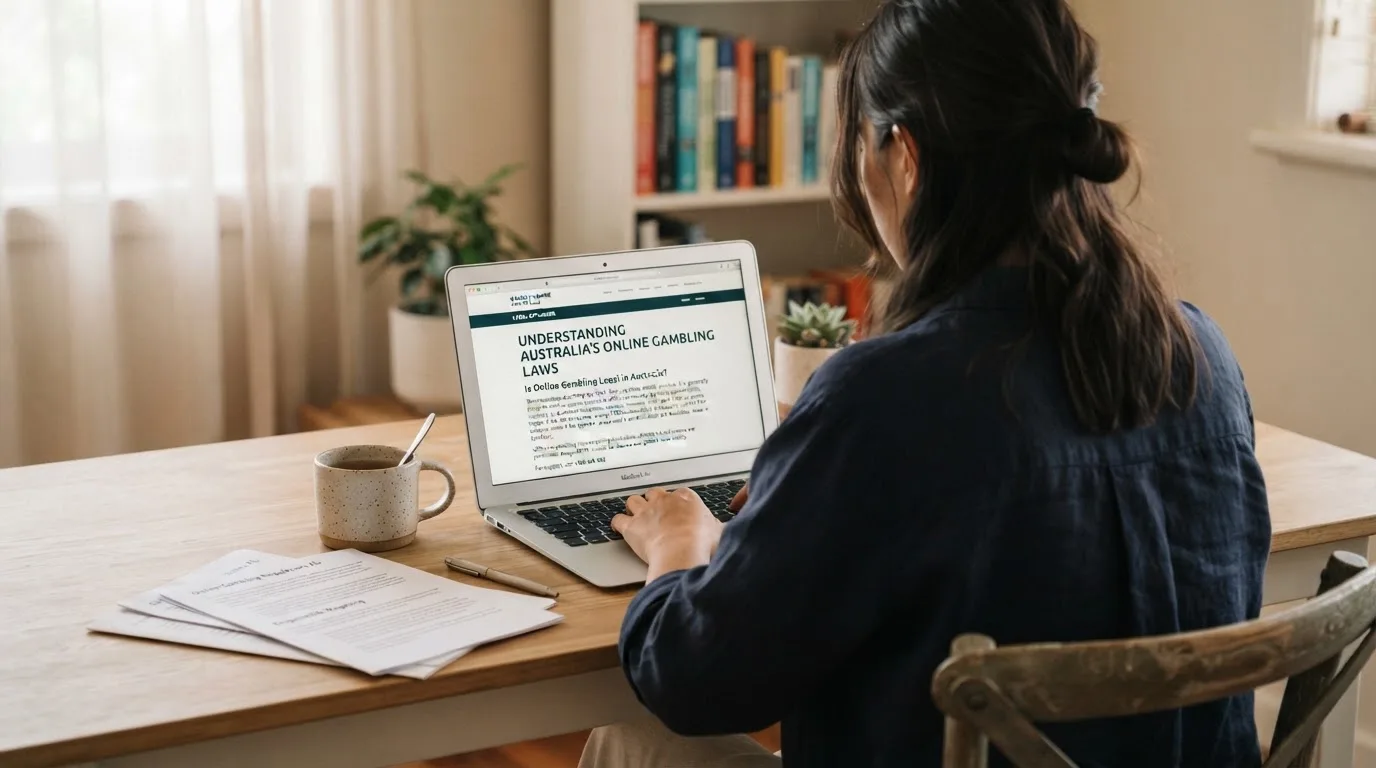 A person at a laptop reading a plain-language explainer article at a home desk.