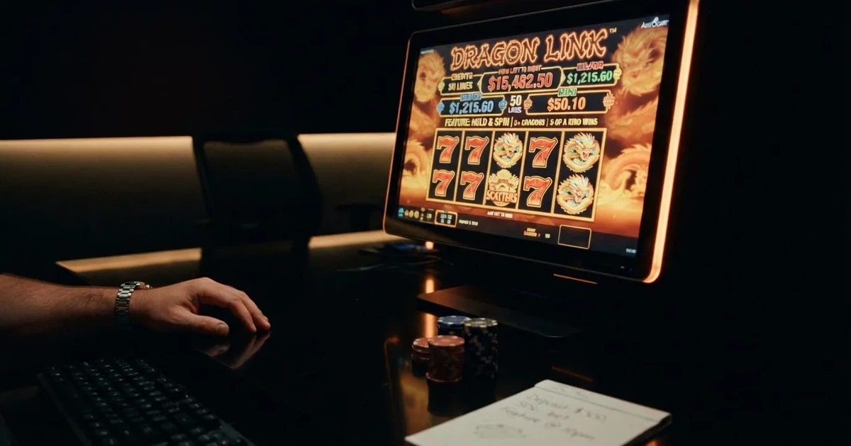 A slot machine's paytable screen glowing on a monitor in a dim room.