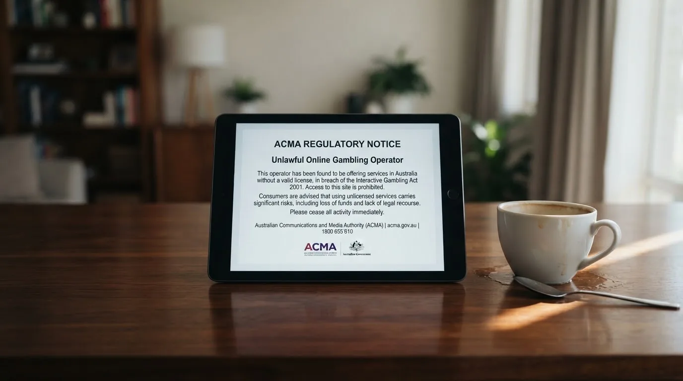 A tablet screen displaying an official regulator warning notice on a desk beside a coffee cup.