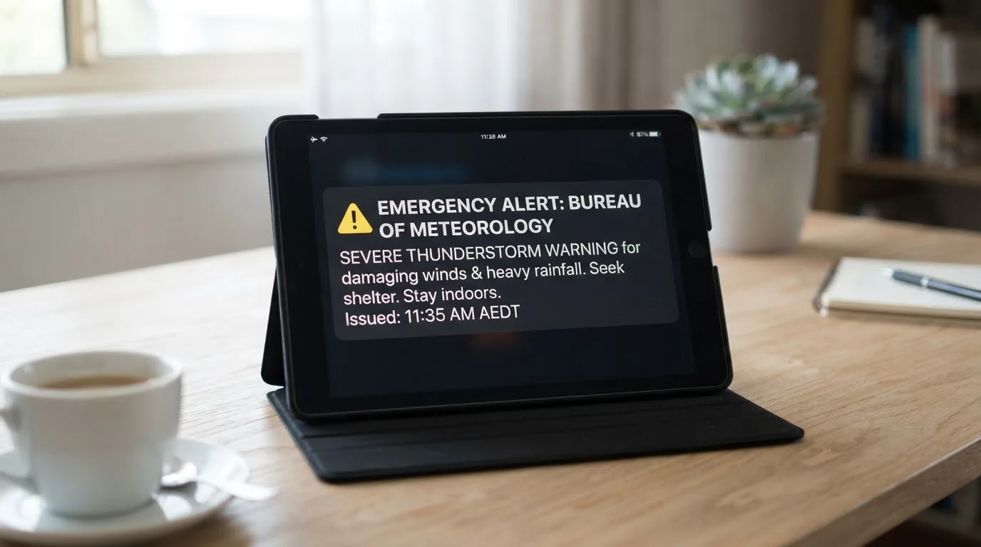 A tablet screen displaying an official regulator warning notice on a desk beside a coffee cup.