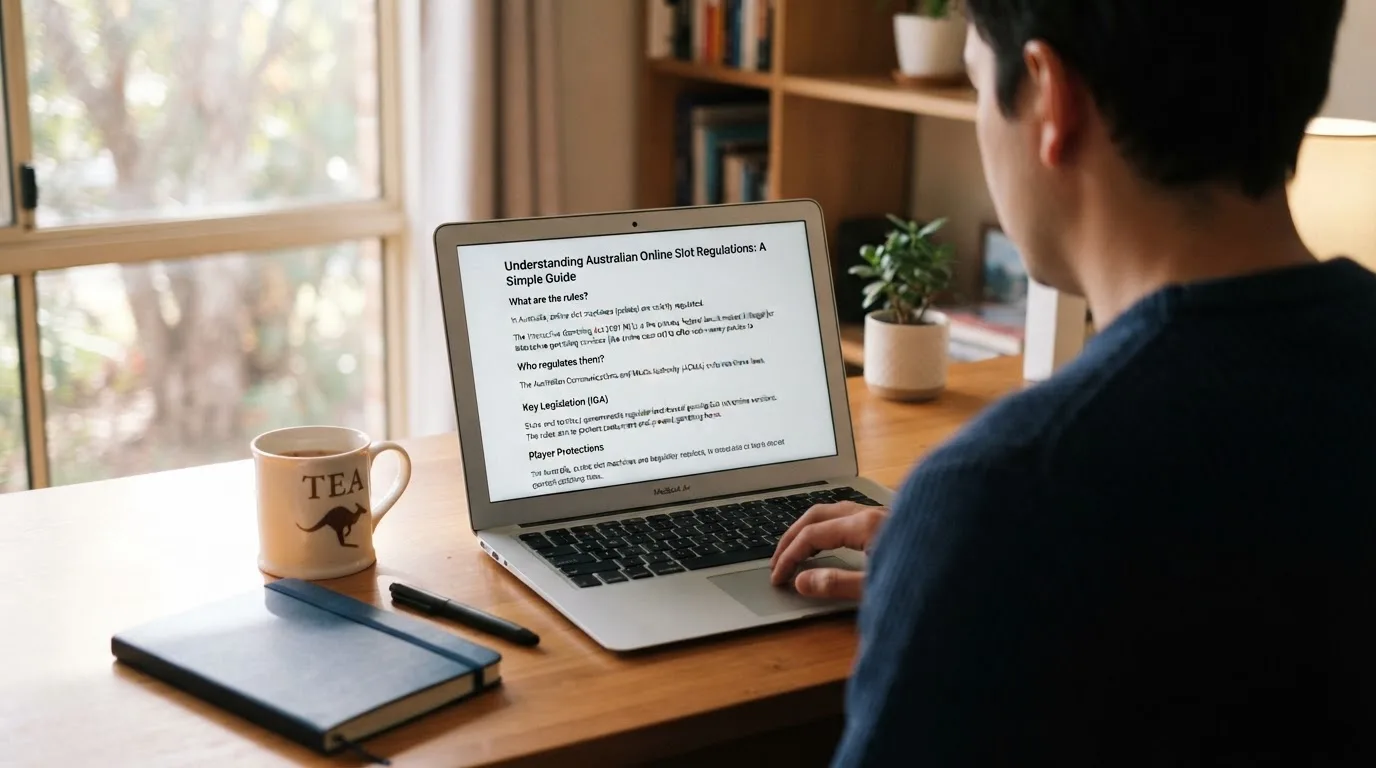 A person at a laptop reading a plain-language explainer article at a home desk.