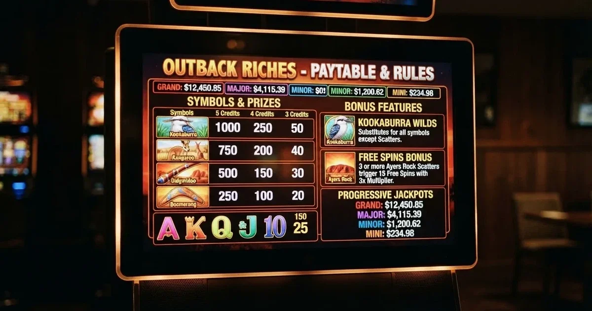 A slot machine's paytable screen glowing on a monitor in a dim room.