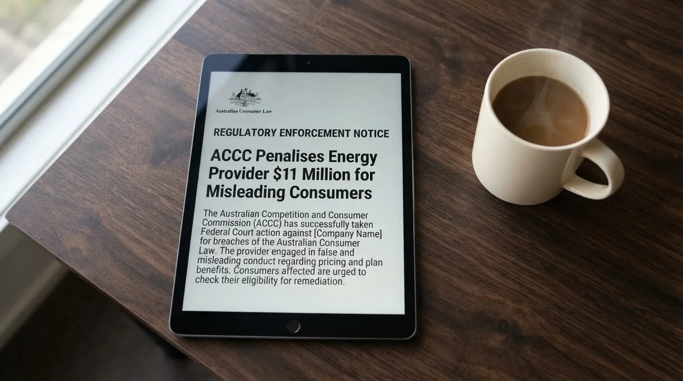 A tablet screen displaying an official regulator warning notice on a desk beside a coffee cup.