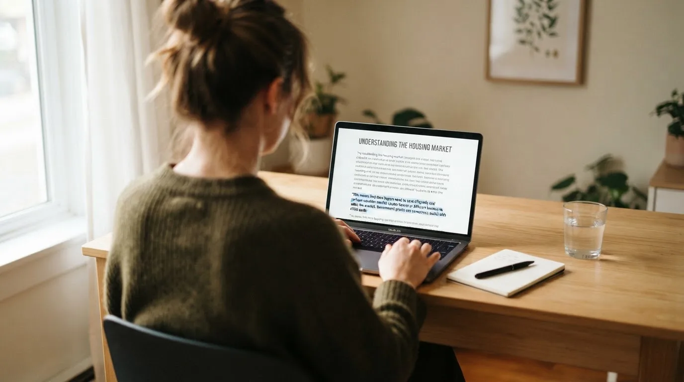 A person at a laptop reading a plain-language explainer article at a home desk.