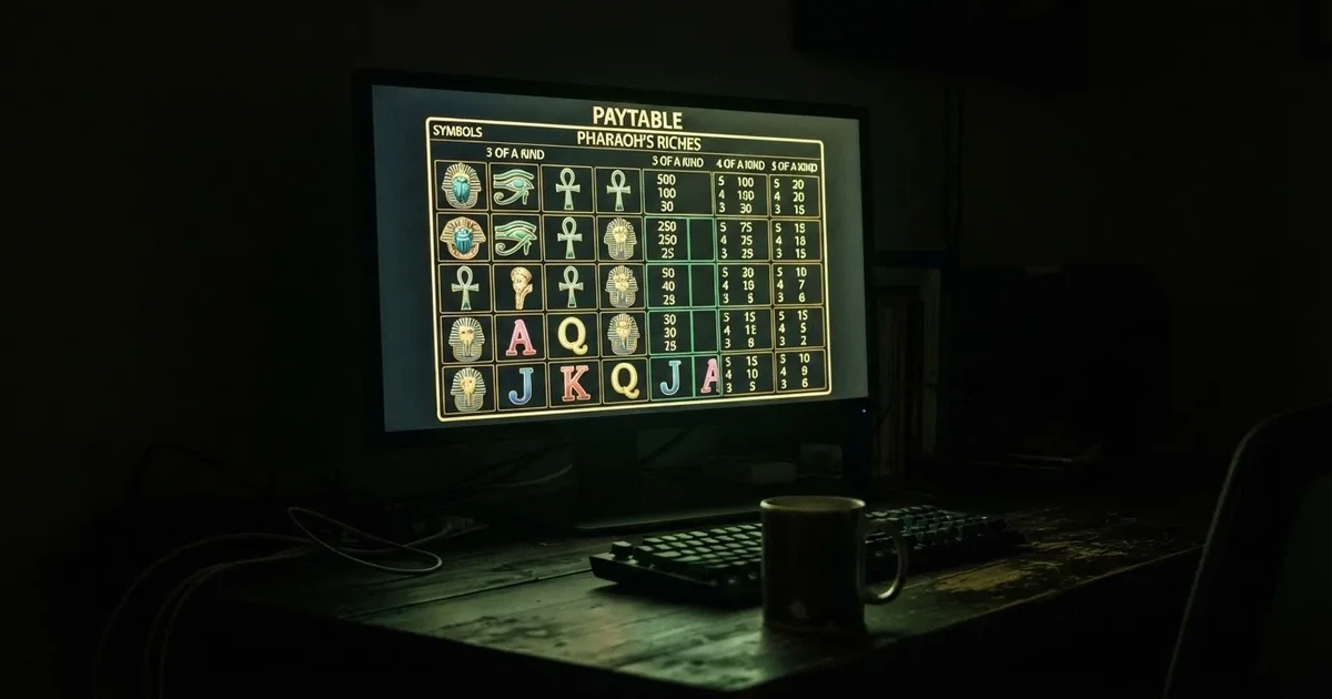 A slot machine's paytable screen glowing on a monitor in a dim room.