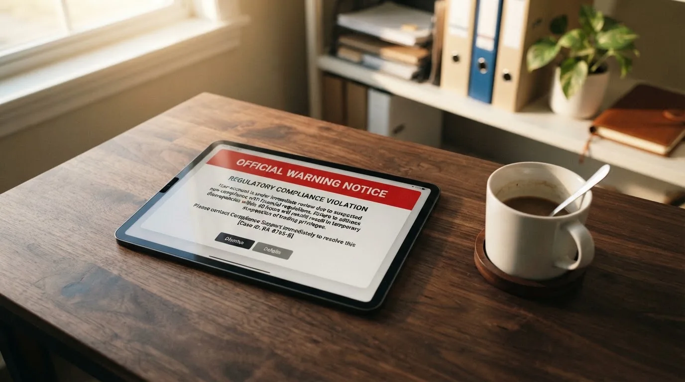 A tablet screen displaying an official regulator warning notice on a desk beside a coffee cup.