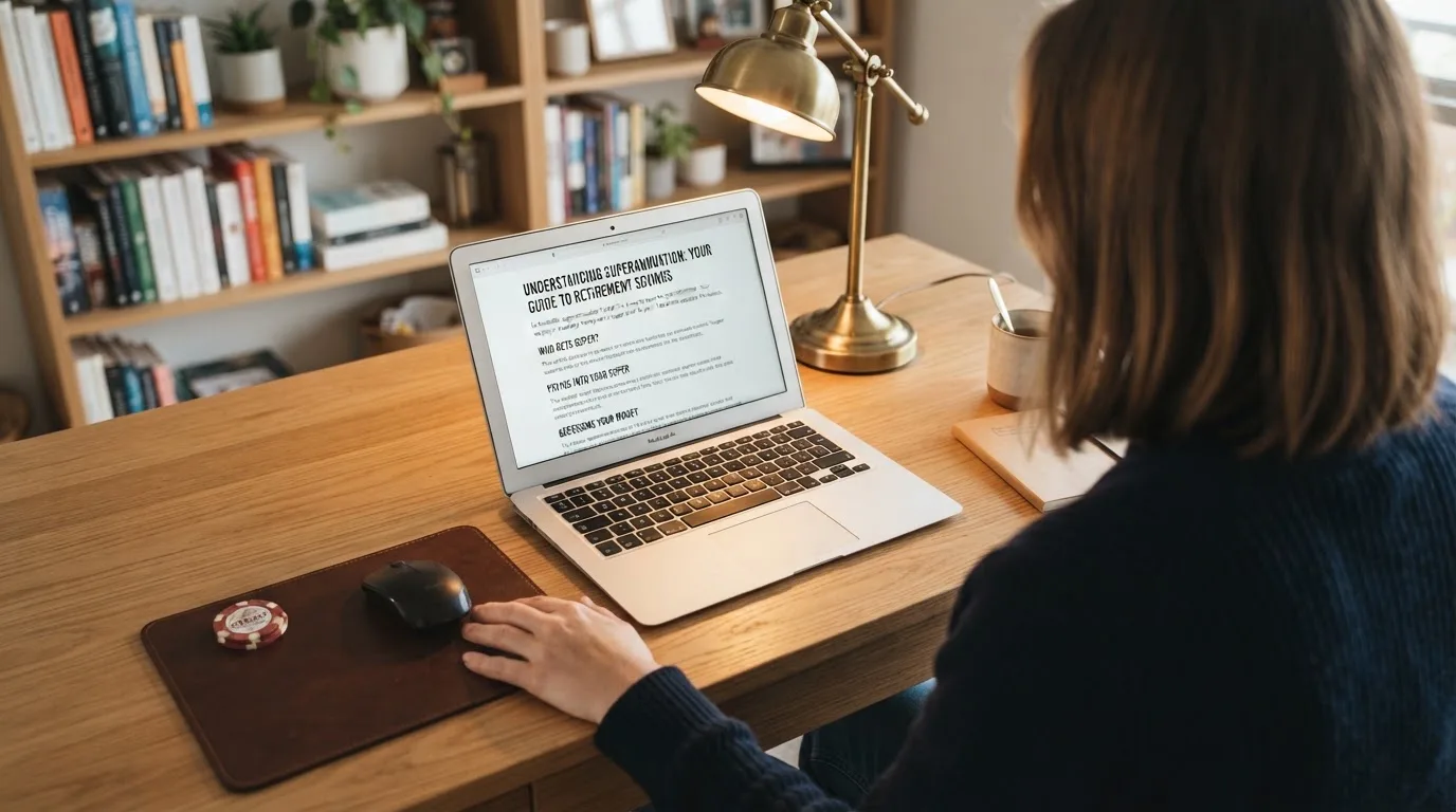 A person at a laptop reading a plain-language explainer article at a home desk.