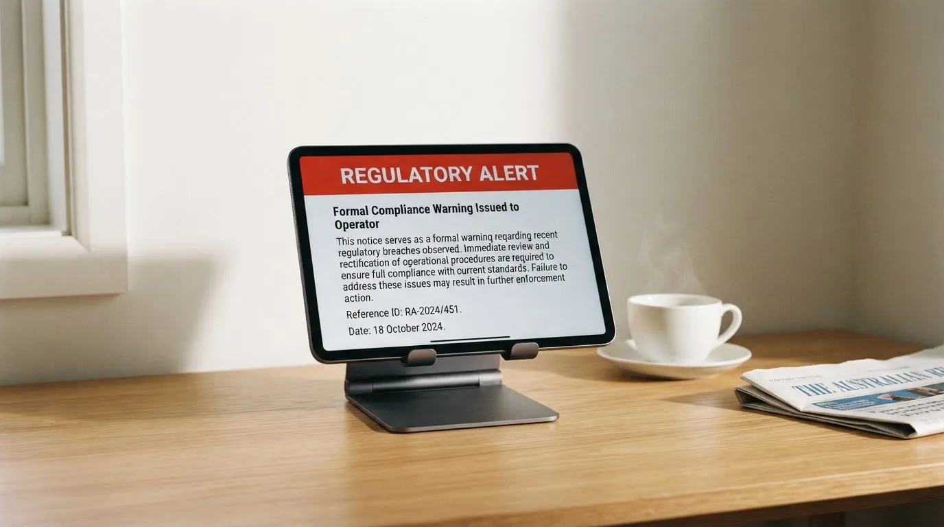 A tablet screen displaying an official regulator warning notice on a desk beside a coffee cup.