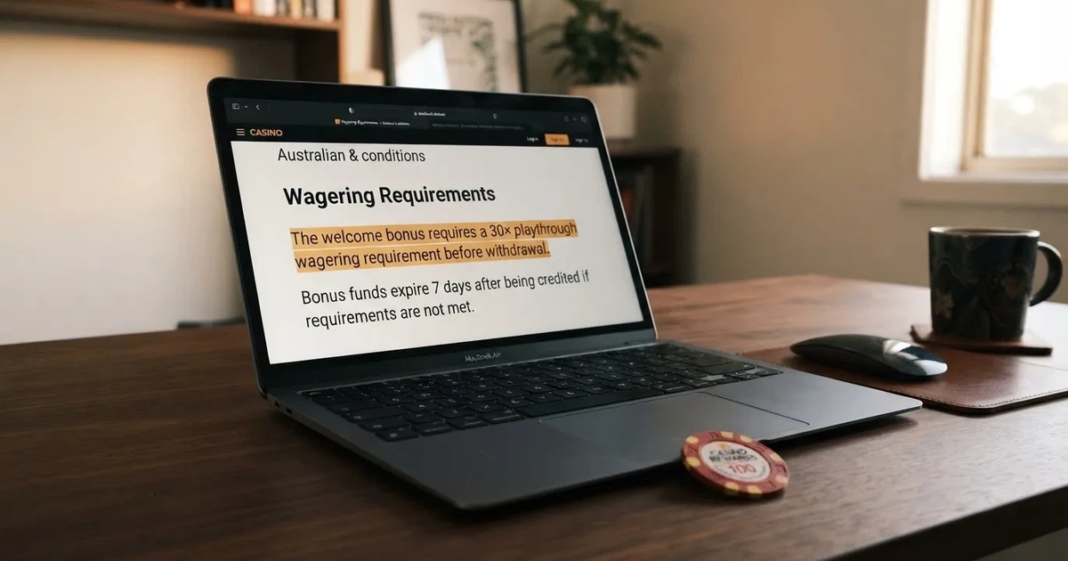 A laptop screen showing a terms-and-conditions page with wagering requirements highlighted.