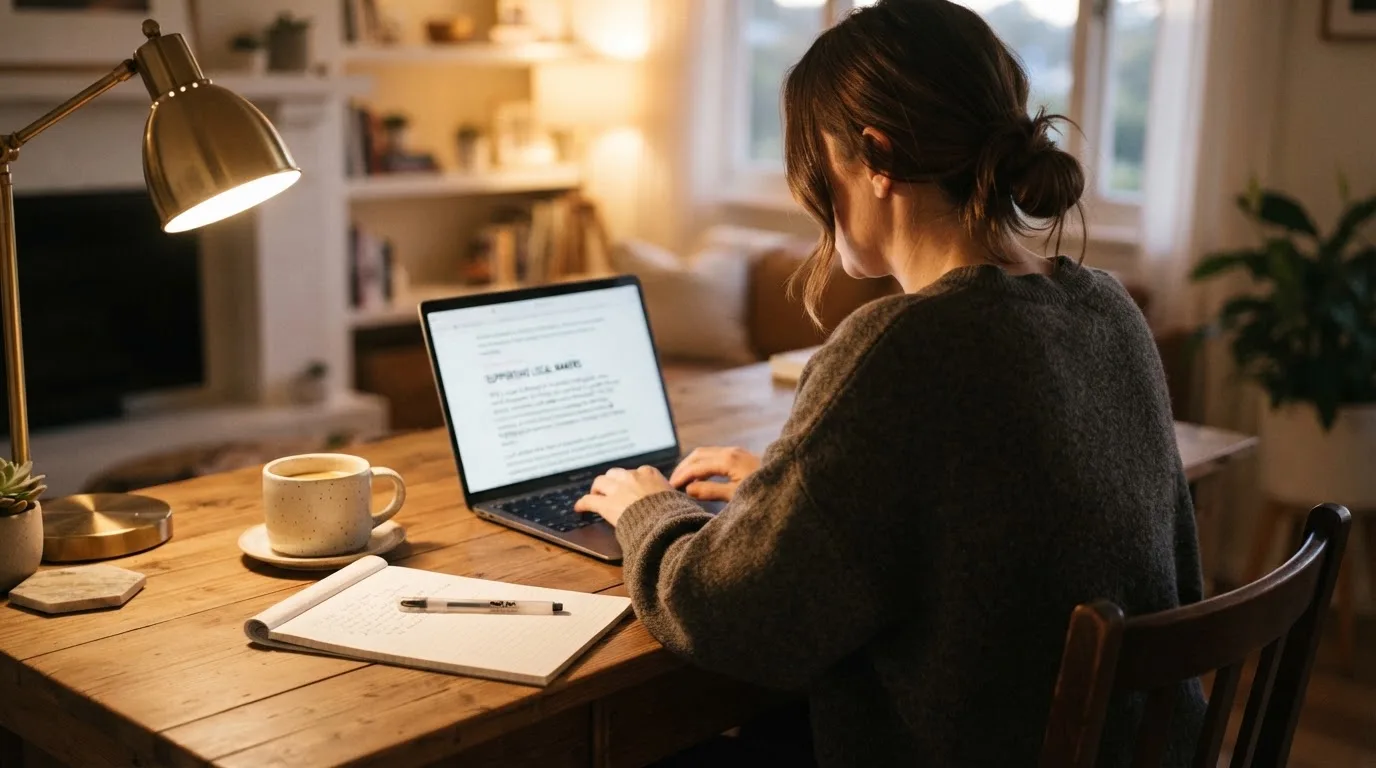 A person at a laptop reading a plain-language explainer article at a home desk.