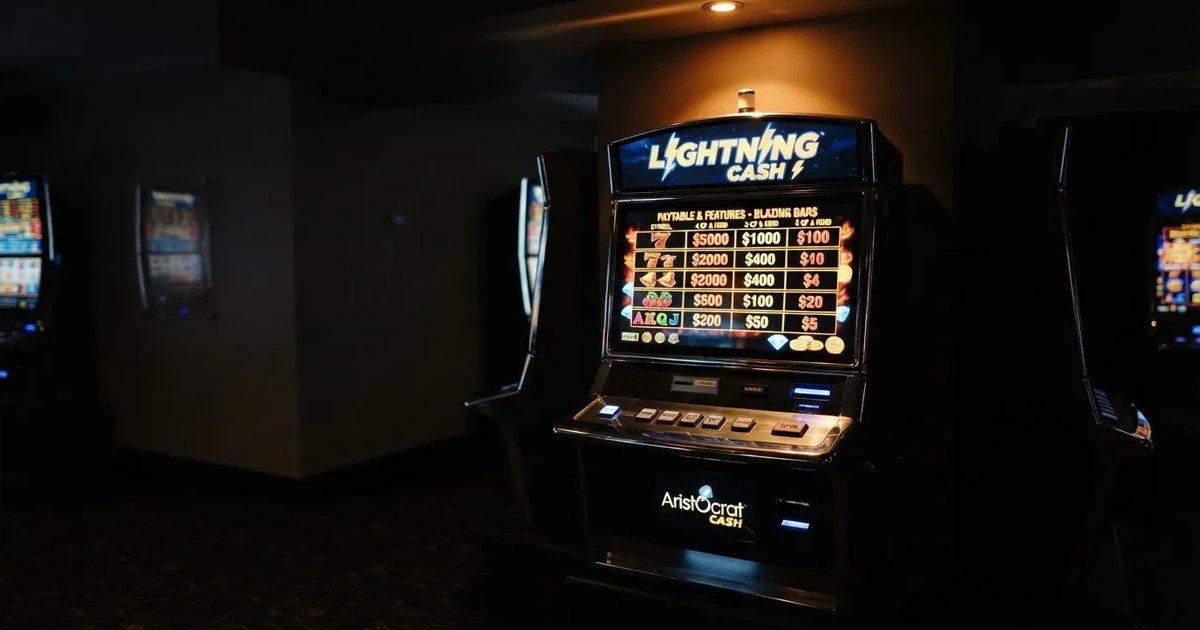 A slot machine's paytable screen glowing on a monitor in a dim room.