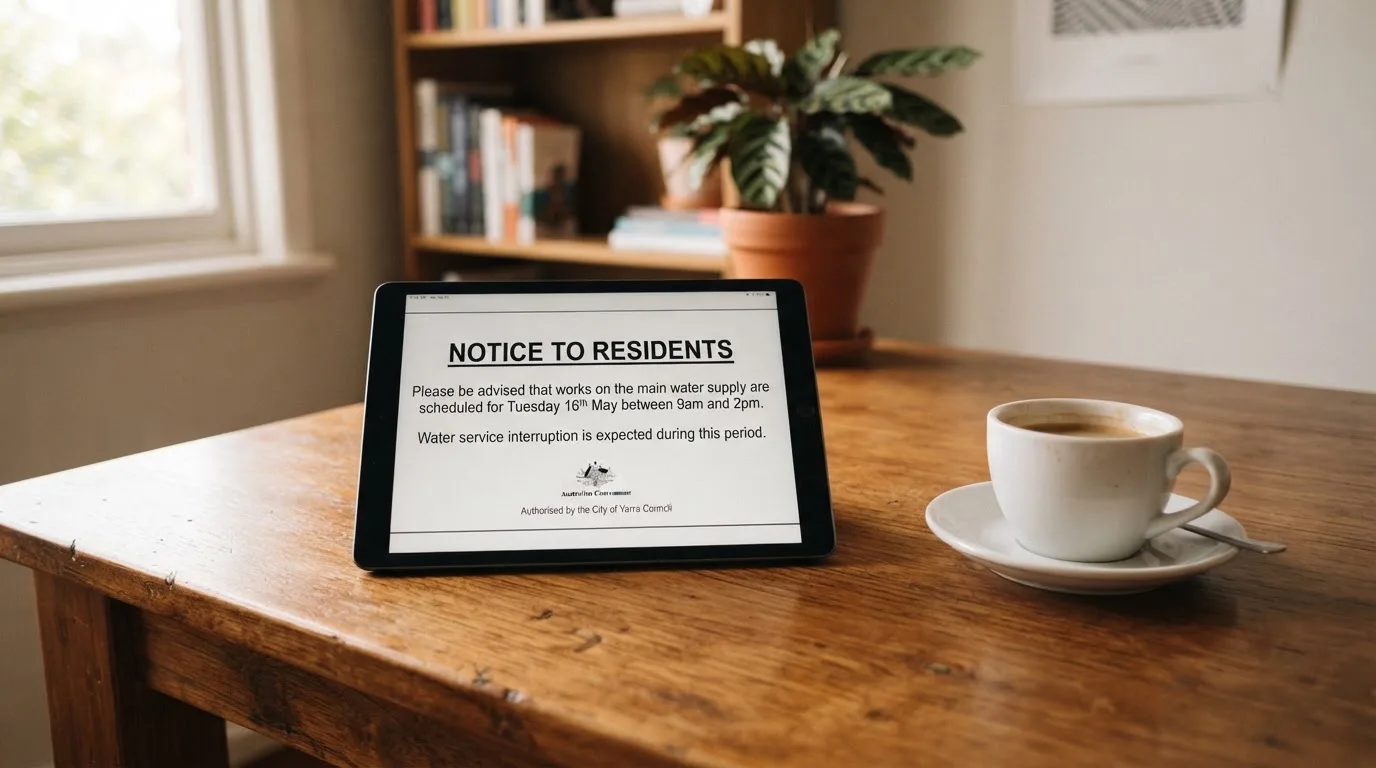 A tablet screen displaying an official regulator warning notice on a desk beside a coffee cup.