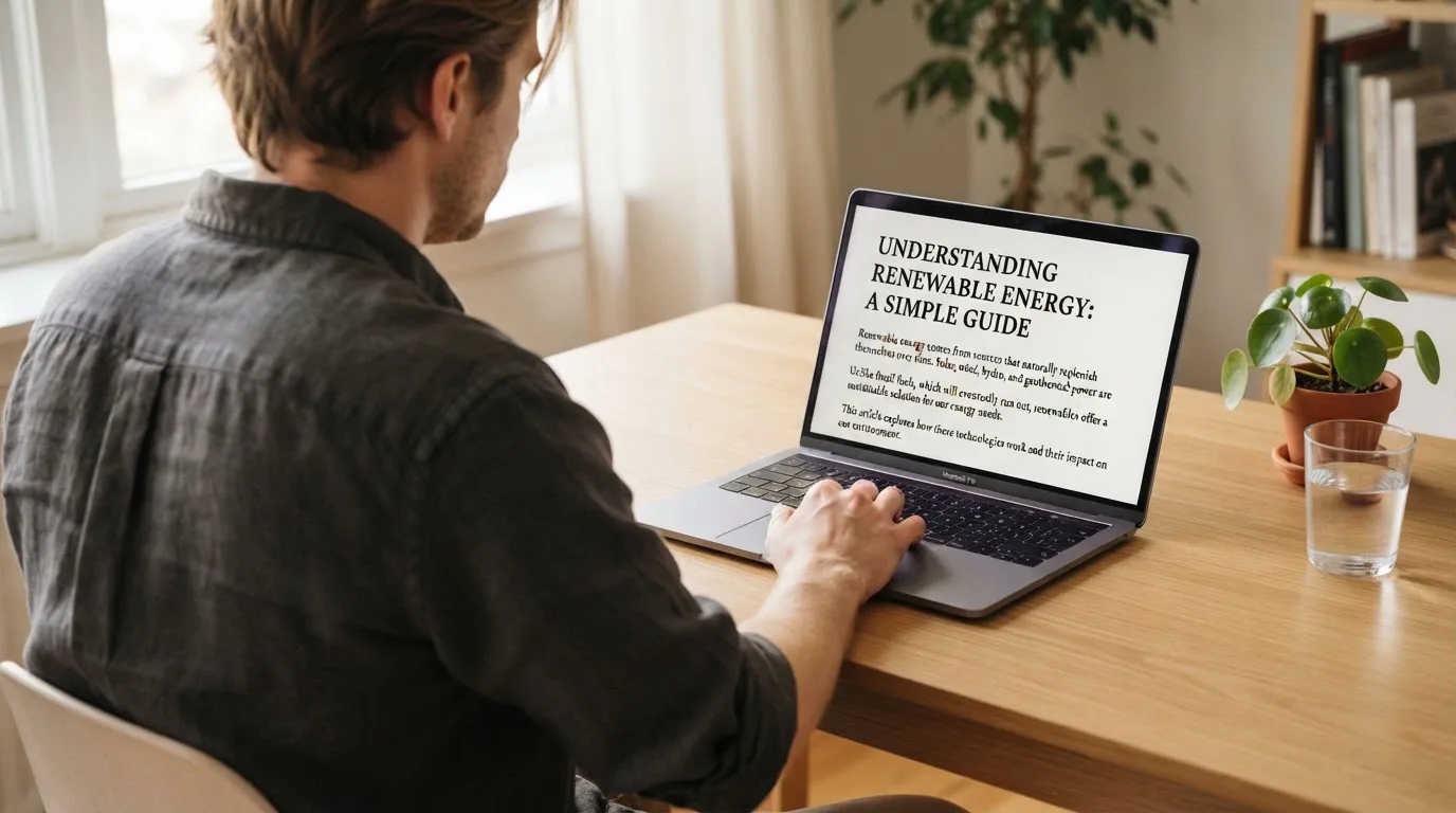 A person at a laptop reading a plain-language explainer article at a home desk.