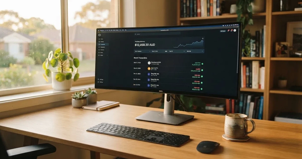 A monitor displaying a cryptocurrency wallet balance and transaction history in a home office.