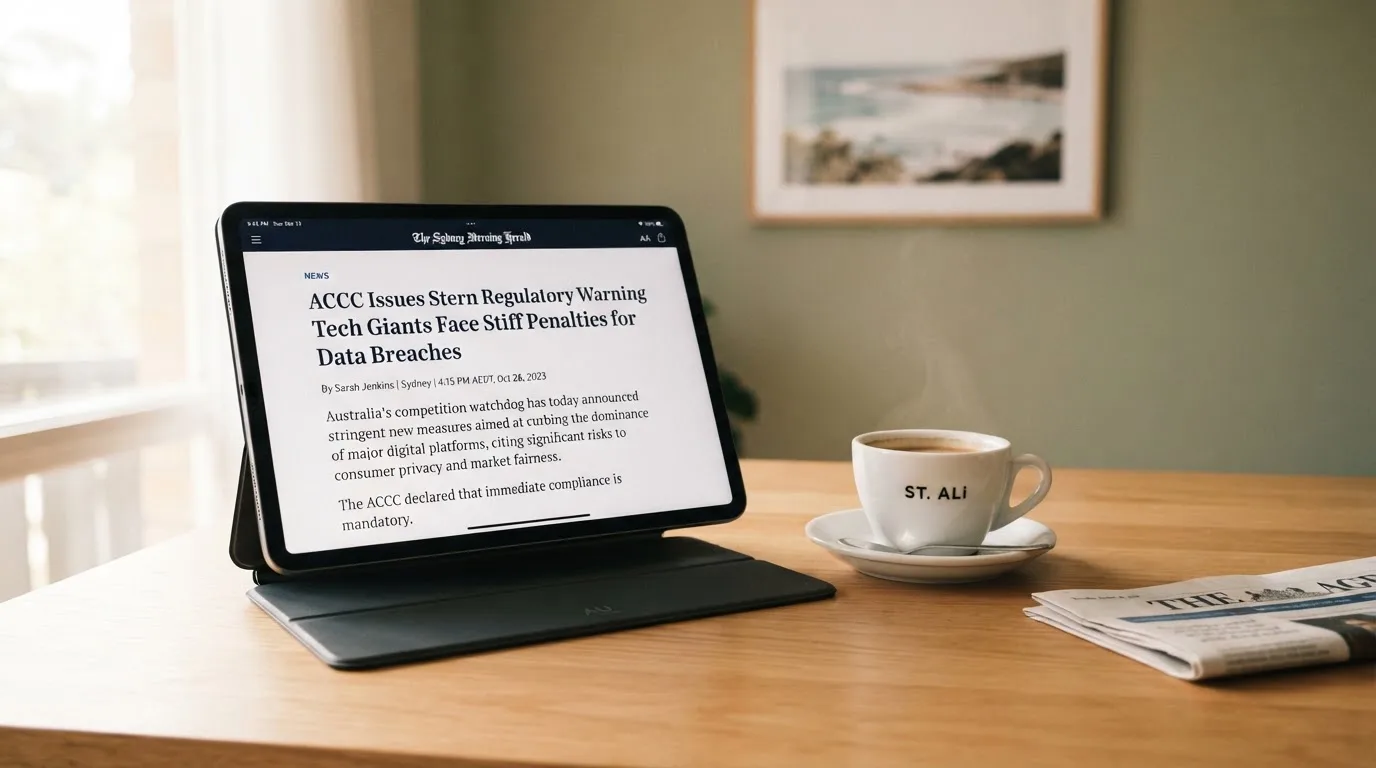 A tablet screen displaying an official regulator warning notice on a desk beside a coffee cup.