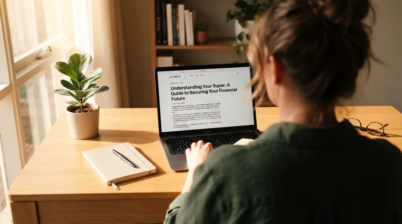 A person at a laptop reading a plain-language explainer article at a home desk.