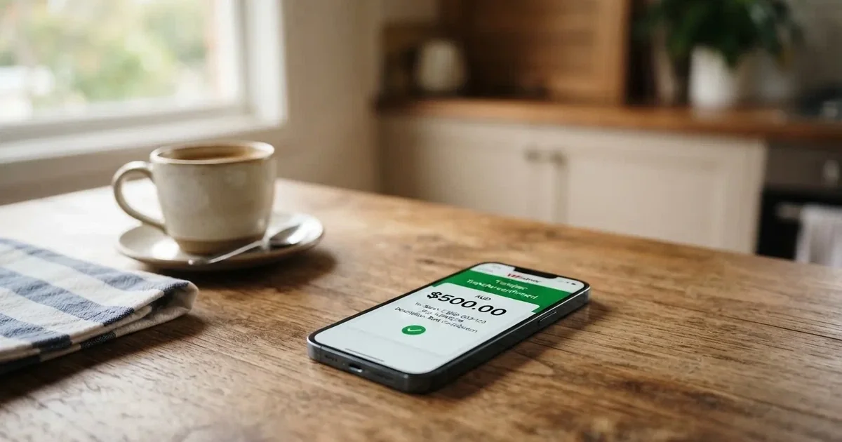 A close-up of a banking app on a smartphone showing a same-day transfer confirmation on a kitchen table.