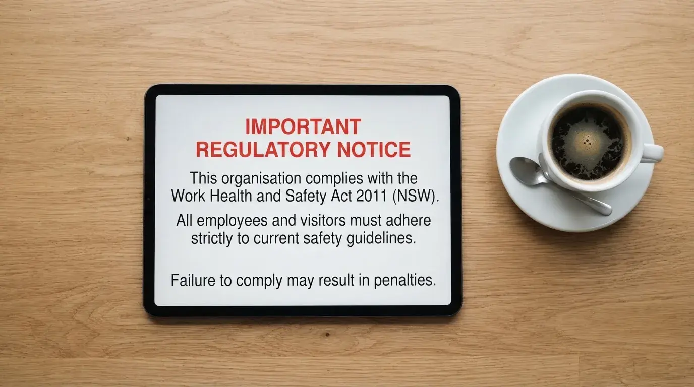 A tablet screen displaying an official regulator warning notice on a desk beside a coffee cup.