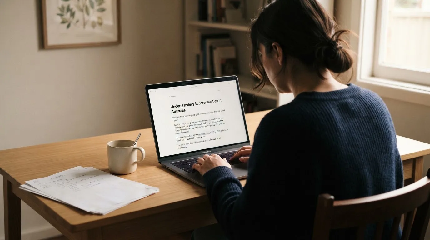 A person at a laptop reading a plain-language explainer article at a home desk.