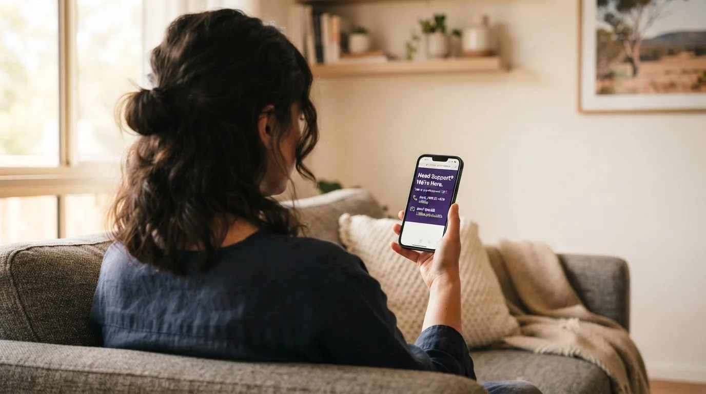 A person looking at a support helpline page on a phone while sitting on a couch.