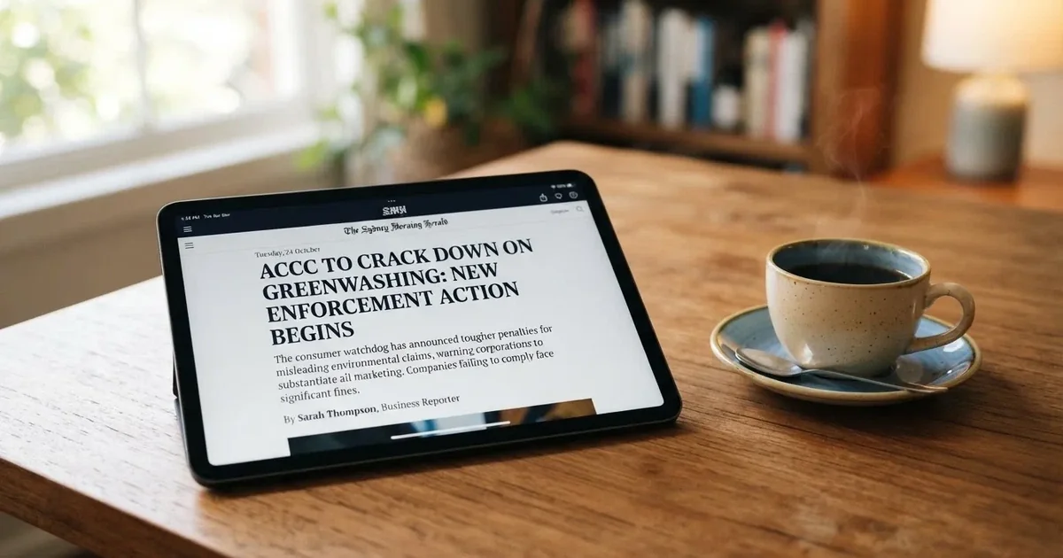 A tablet screen displaying an official regulator warning notice on a desk beside a coffee cup.