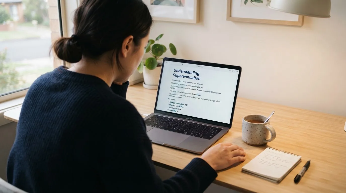 A person at a laptop reading a plain-language explainer article at a home desk.