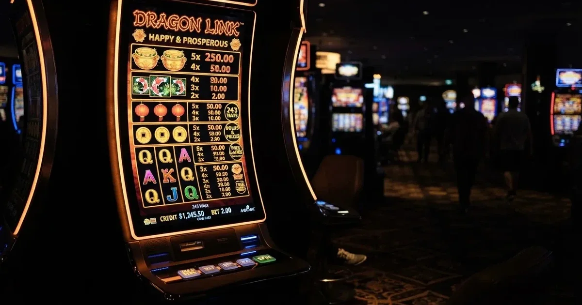A slot machine's paytable screen glowing on a monitor in a dim room.