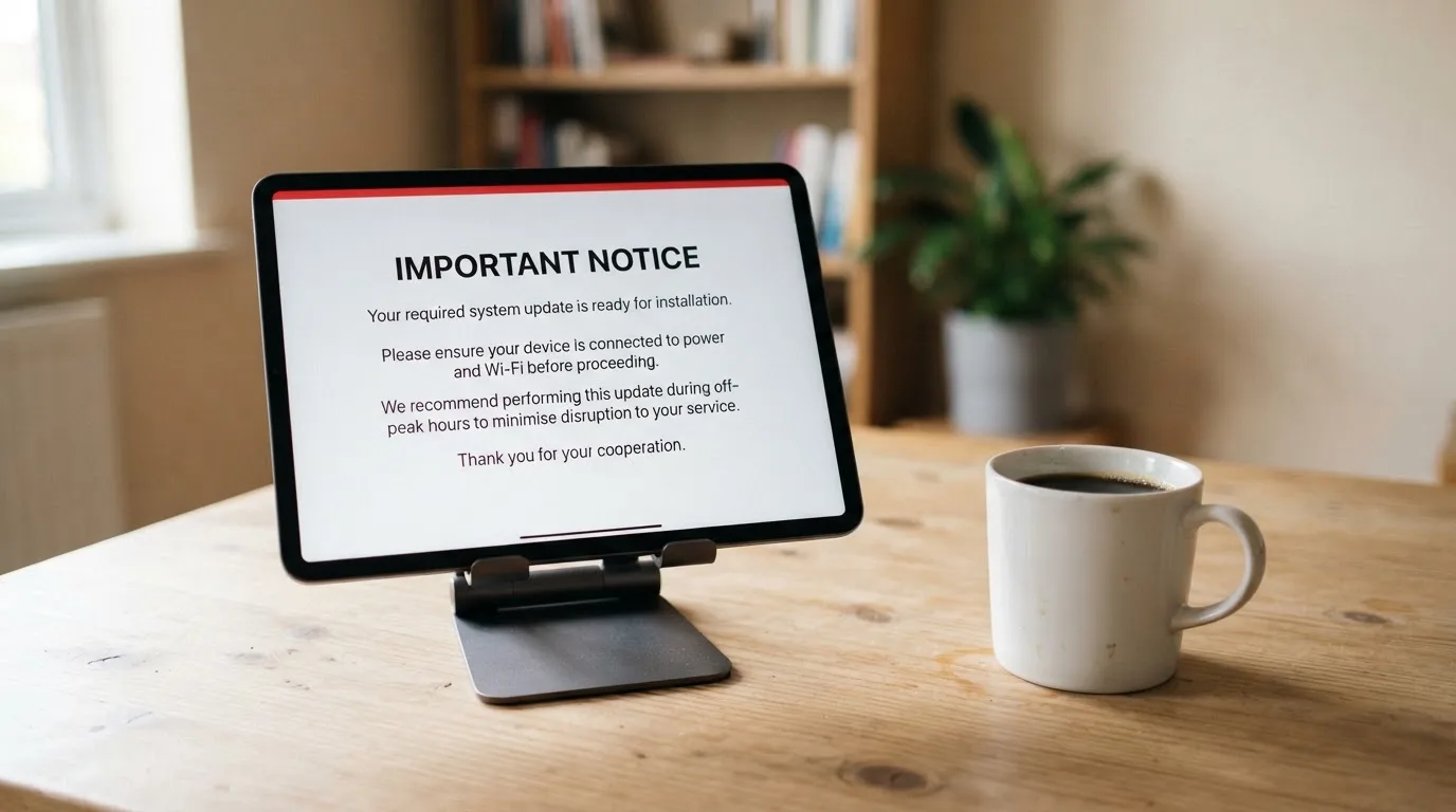 A tablet screen displaying an official regulator warning notice on a desk beside a coffee cup.