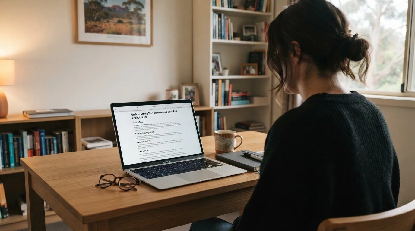 A person at a laptop reading a plain-language explainer article at a home desk.