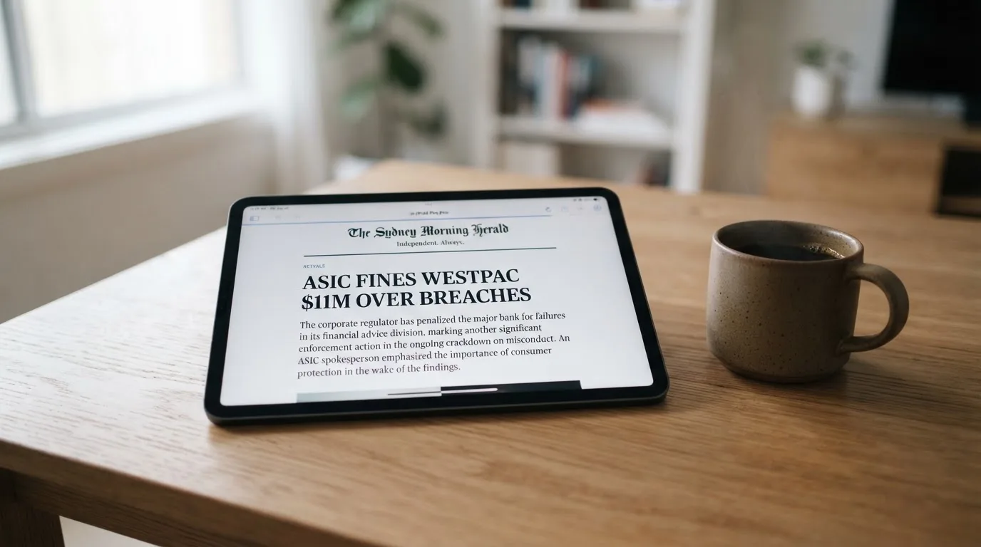 A tablet screen displaying an official regulator warning notice on a desk beside a coffee cup.