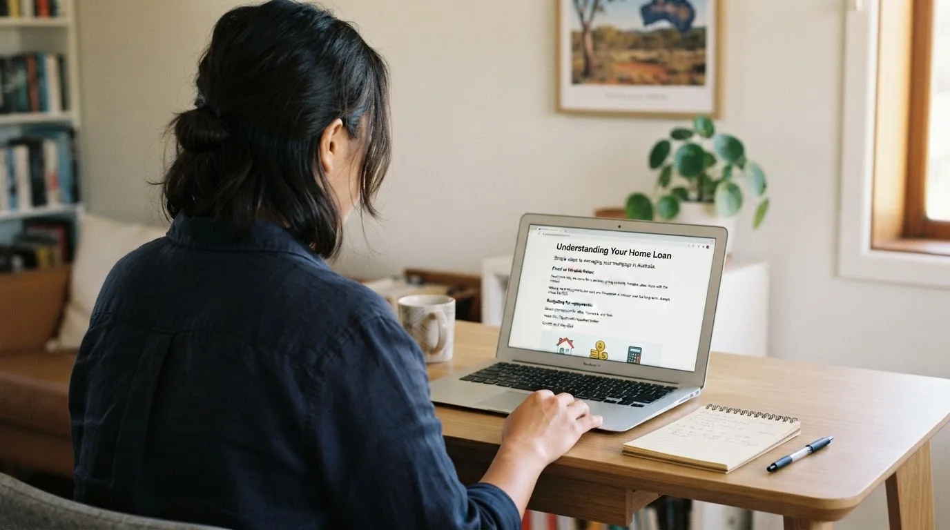 A person at a laptop reading a plain-language explainer article at a home desk.