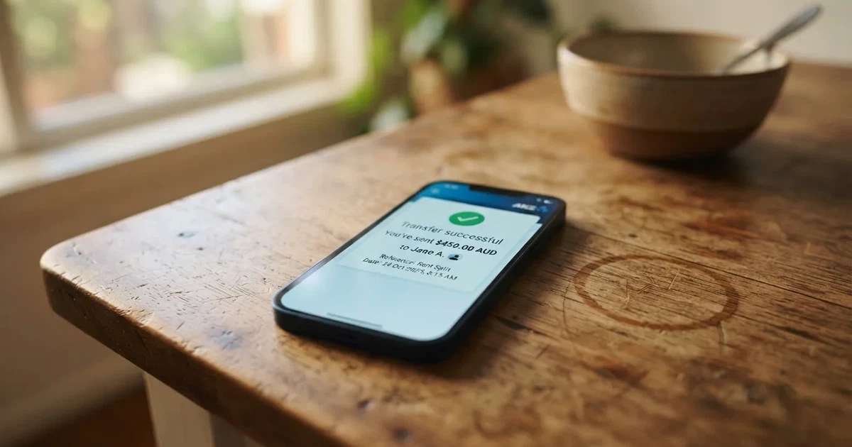 A close-up of a banking app on a smartphone showing a same-day transfer confirmation on a kitchen table.