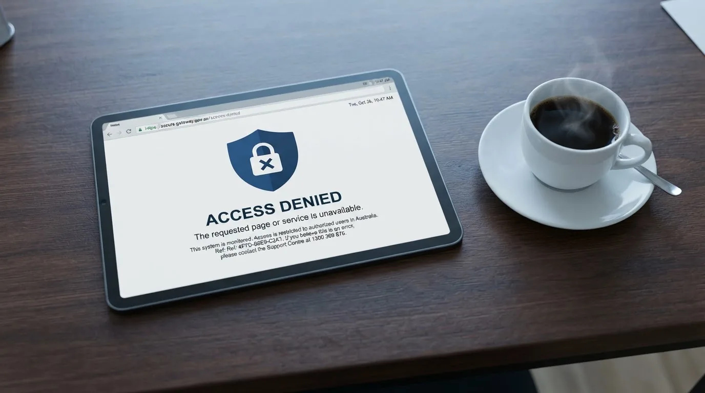 A tablet screen displaying an official regulator warning notice on a desk beside a coffee cup.