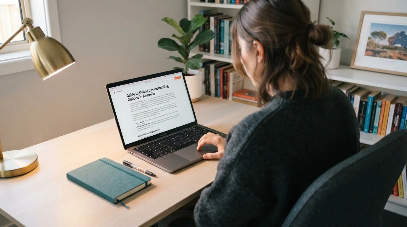 A person at a laptop reading a plain-language explainer article at a home desk.
