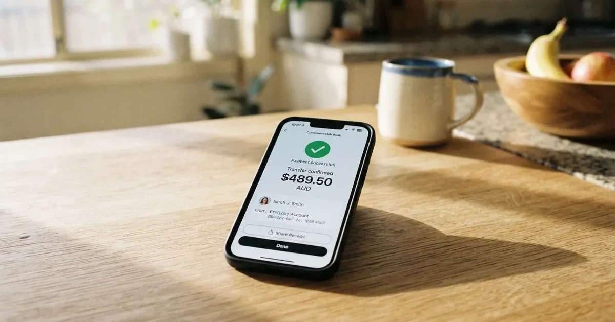 A close-up of a banking app on a smartphone showing a same-day transfer confirmation on a kitchen table.