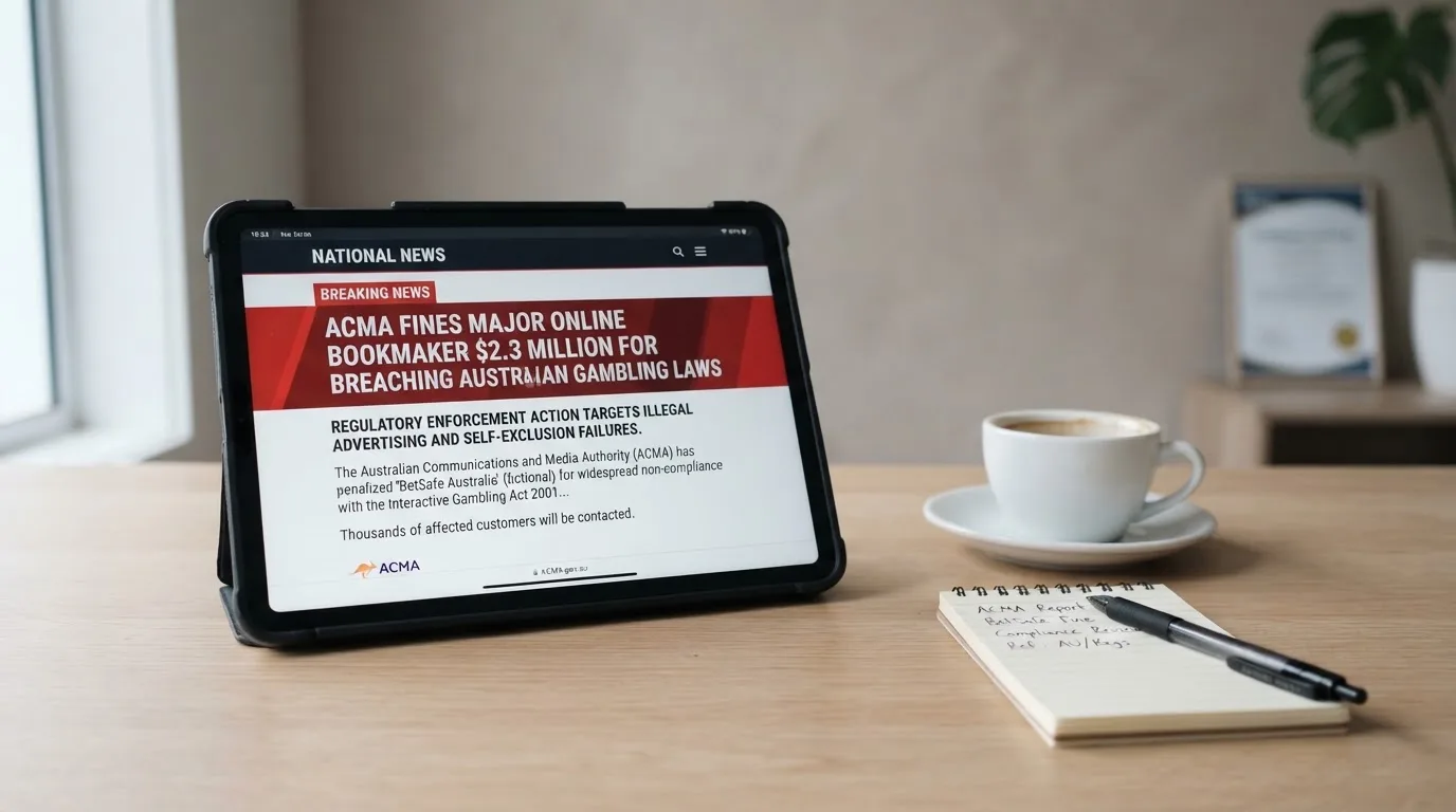 A tablet screen displaying an official regulator warning notice on a desk beside a coffee cup.