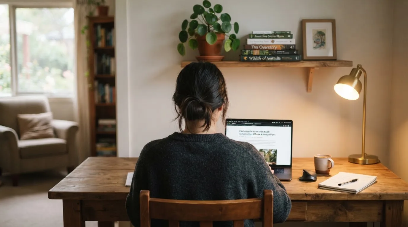 A person at a laptop reading a plain-language explainer article at a home desk.