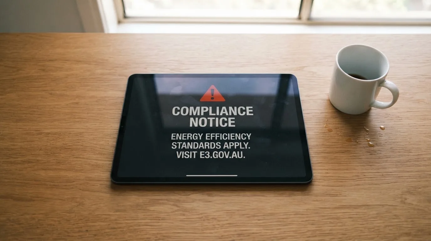 A tablet screen displaying an official regulator warning notice on a desk beside a coffee cup.