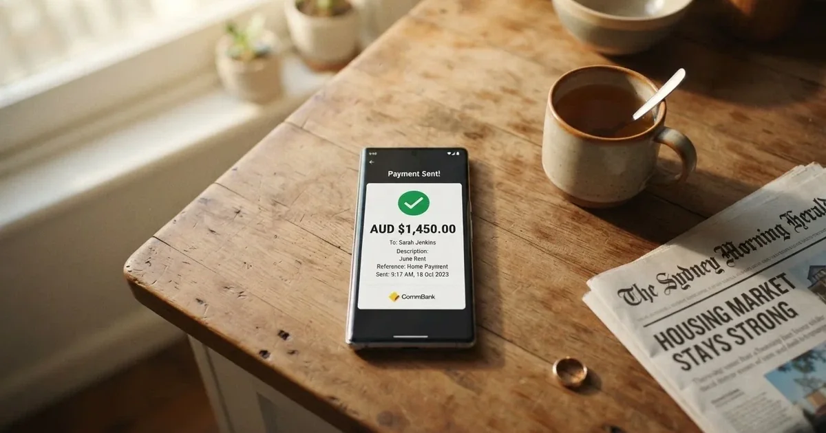 A close-up of a banking app on a smartphone showing a same-day transfer confirmation on a kitchen table.