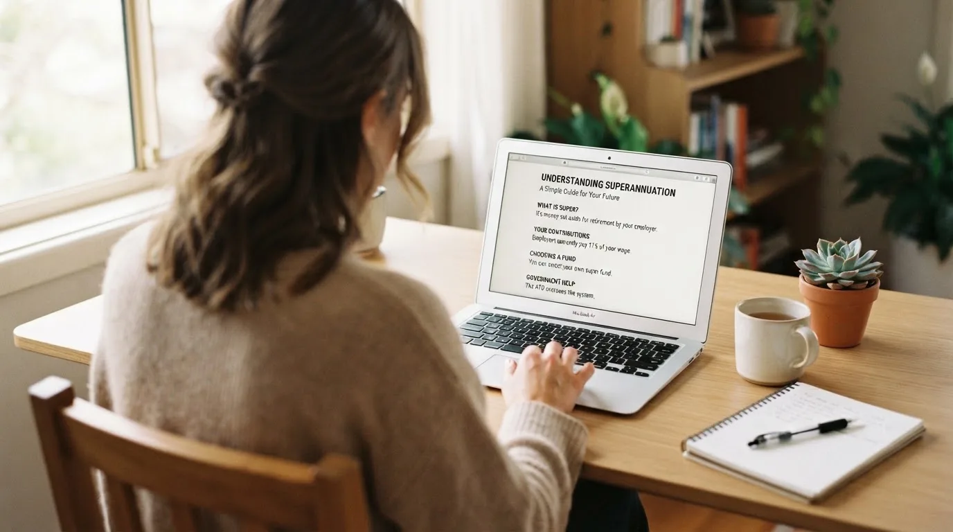 A person at a laptop reading a plain-language explainer article at a home desk.